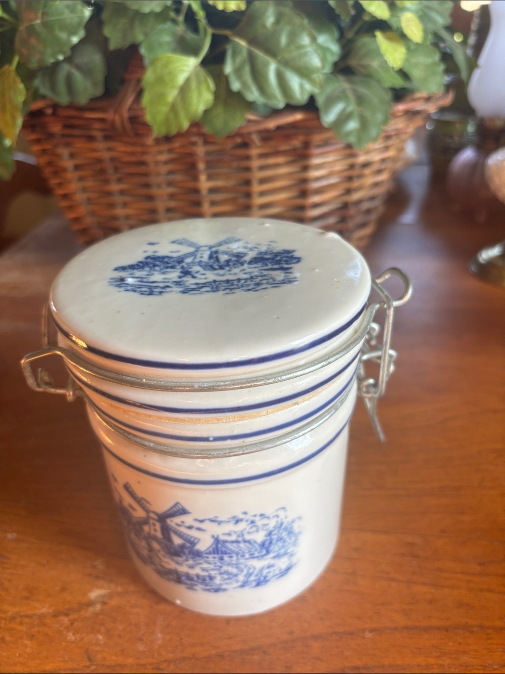 Vintage FTD Delft style canister/crock with windmill design on lid/base canister